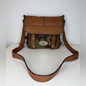 Fossil Brown Leather Tapestry Maddox Crossbody Bag Messenger